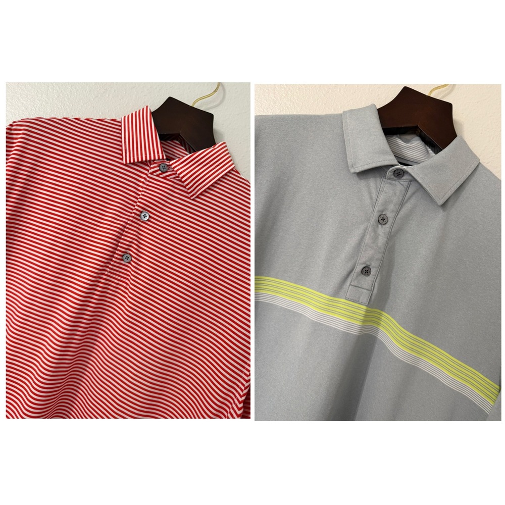 Lot of 2 FootJoy FJ Large Polo‎ Shirts Grey Neon Stripe Red White Striped Golf